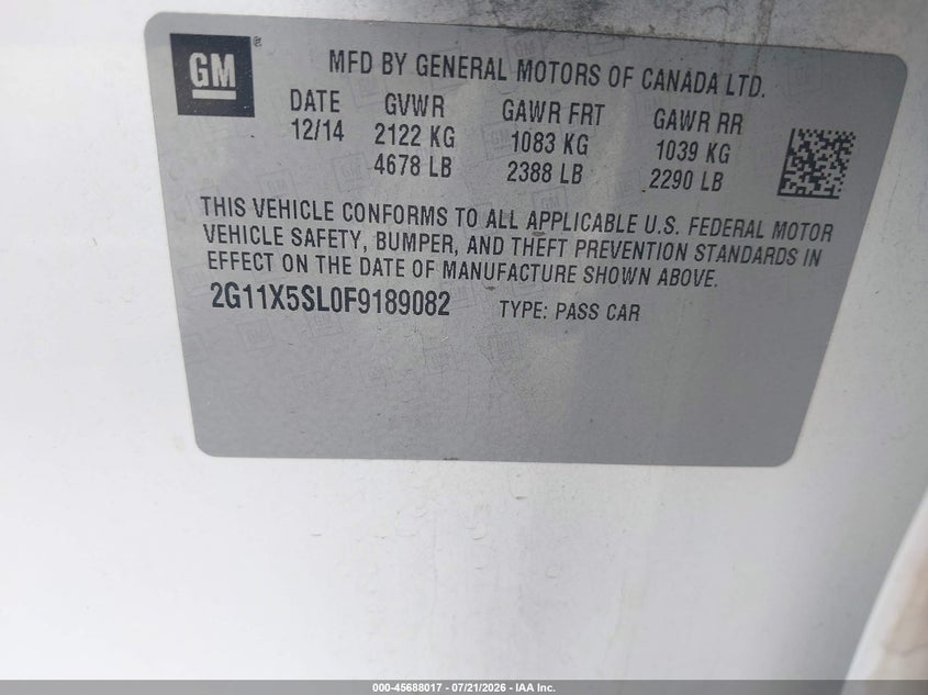 2015 Chevrolet Impala VIN 2G11X5SL0F9189082 IAAI salvage auction — NORMAL WEAR, Clear (California), sold $1,225 on 2026-07-22 (photo 9)