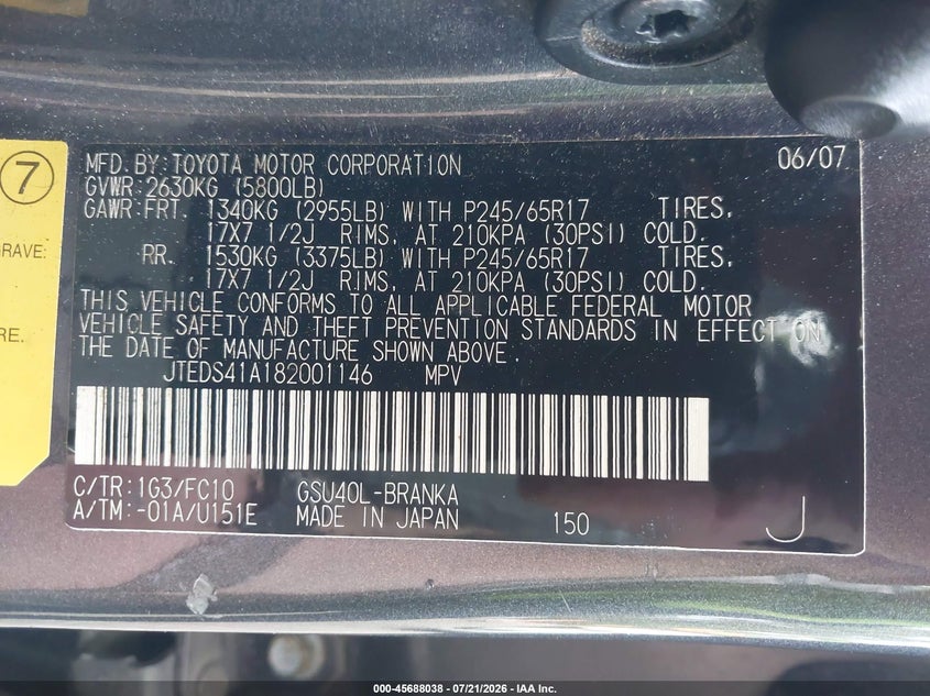 2008 Toyota Highlander VIN JTEDS41A182001146 IAAI salvage auction — LEFT FRONT, Clear (Virginia), sold $350 on 2026-07-28 (photo 9)