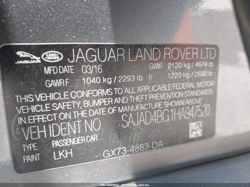 2017 Jaguar Xe VIN SAJAD4BG1HA947520 IAAI salvage auction — UNKNOWN, Clear (North Carolina), sold $250 on 2026-07-28 (photo 9)