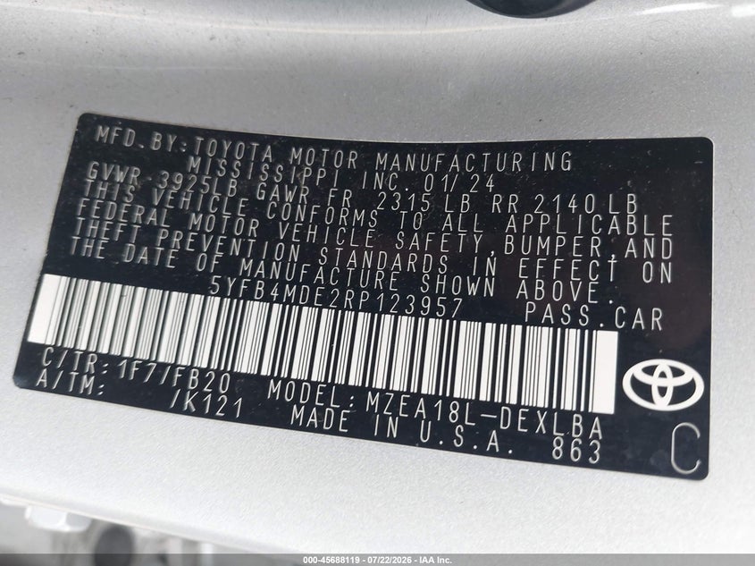 2024 Toyota Corolla VIN 5YFB4MDE2RP123957 IAAI salvage auction — SIDE, Salvage Title, sold $14,000 on 2026-07-31 (photo 9)