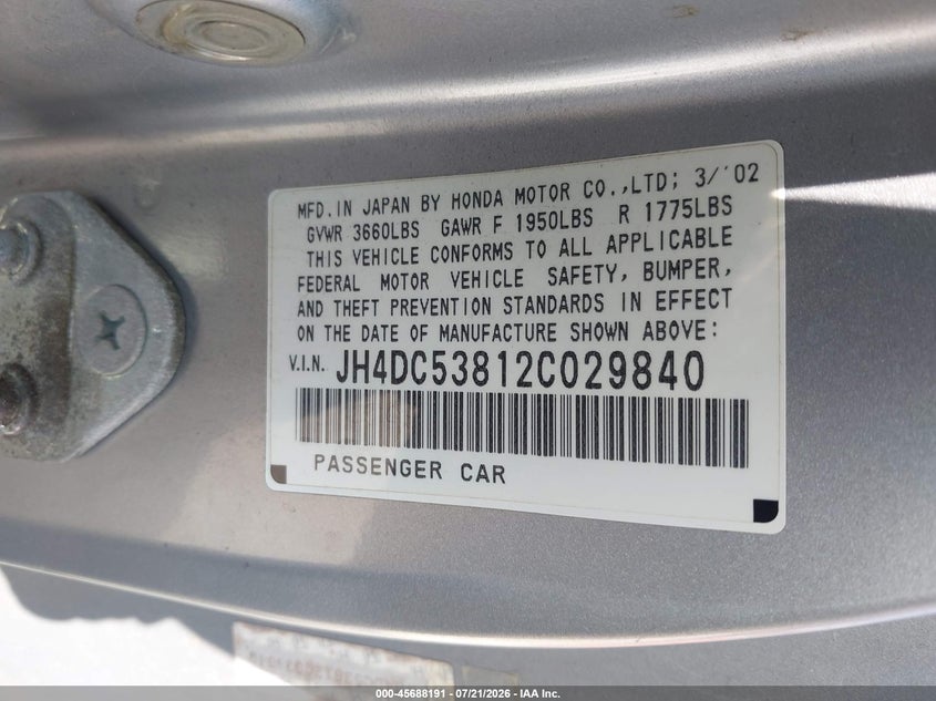 2002 Acura Rsx VIN JH4DC53812C029840 IAAI salvage auction — NORMAL WEAR, Clear - Dealer Only (California), sold $25 on 2026-07-23 (photo 9)