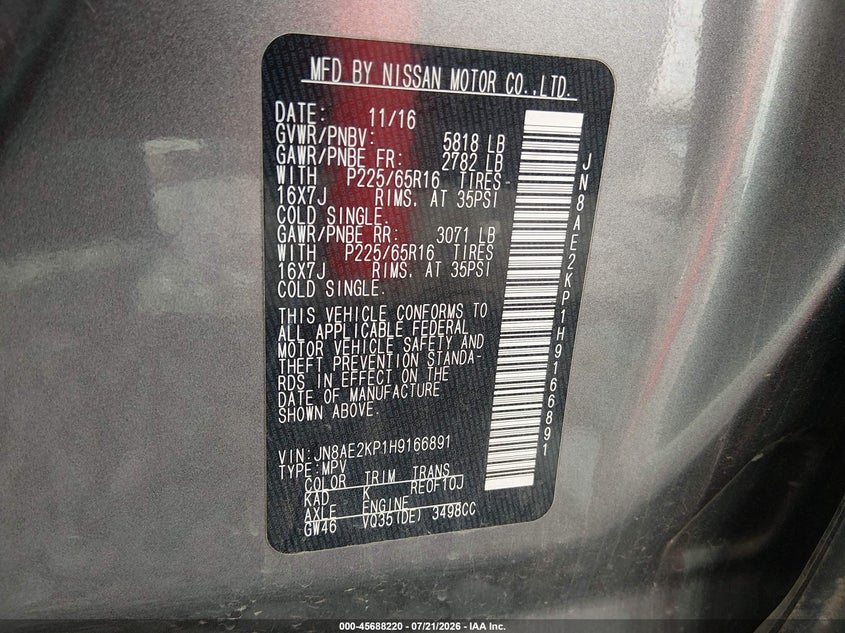 2017 Nissan Quest VIN JN8AE2KP1H9166891 IAAI salvage auction — NORMAL WEAR, Clear (Tennessee), sold $25 on 2026-07-30 (photo 9)