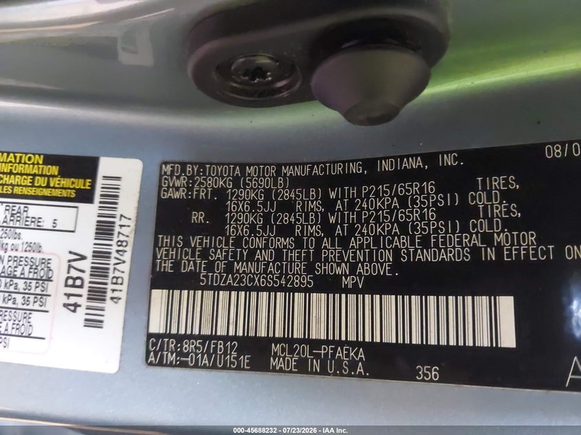 2006 Toyota Sienna VIN 5TDZA23CX6S542895 IAAI salvage auction — NORMAL WEAR, Clear-Dealer Only (North Carolina), sold $525 on 2026-07-27 (photo 9)