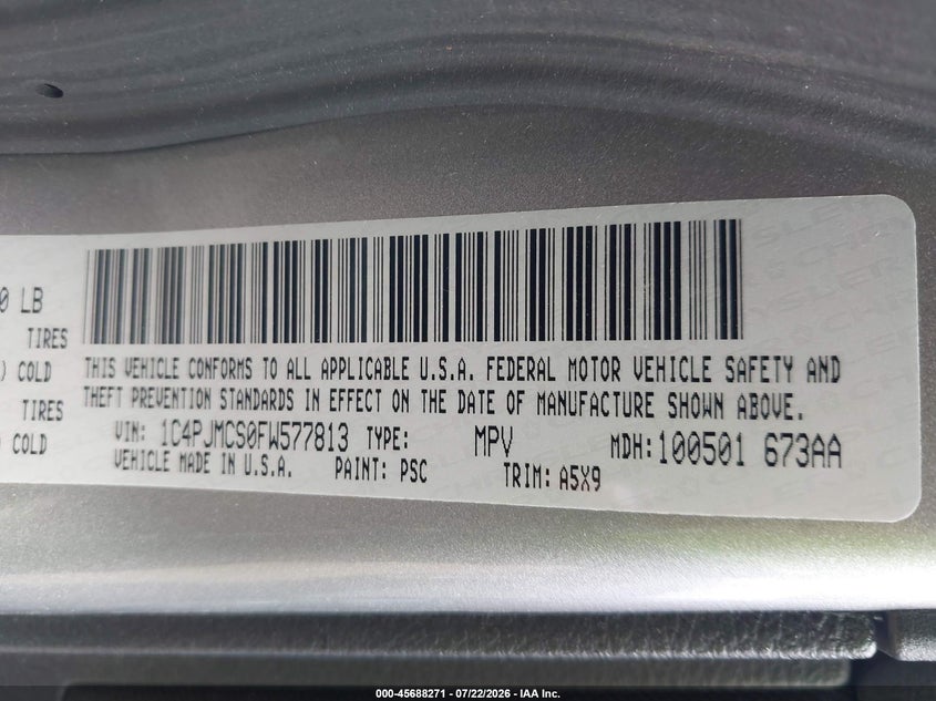 2015 Jeep Cherokee VIN 1C4PJMCS0FW577813 IAAI salvage auction — FRONT END, Wait Title, sold $750 on 2026-08-07 (photo 9)