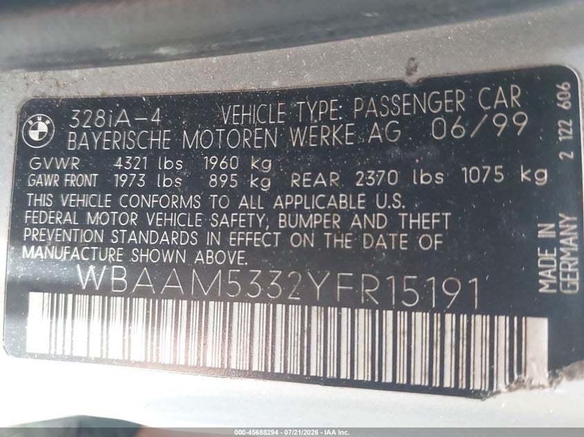 2000 BMW 3 series VIN WBAAM5332YFR15191 IAAI salvage auction — NORMAL WEAR, Clear (North Carolina), sold $300 on 2026-07-30 (photo 9)