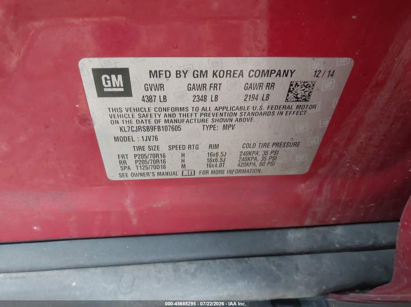 2015 Chevrolet Trax VIN KL7CJRSB9FB107605 IAAI salvage auction — NORMAL WEAR, Clear (Pennsylvania), sold $175 on 2026-07-28 (photo 9)