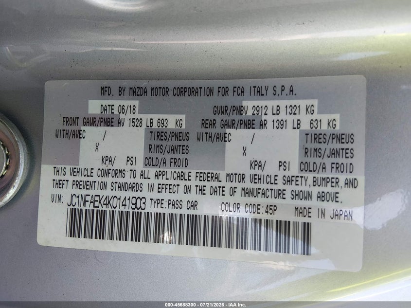 2019 Fiat 124 spider VIN JC1NFAEK4K0141903 IAAI salvage auction — LEFT FRONT, Salvage (Illinois), sold $2,200 on 2026-09-12 (photo 9)