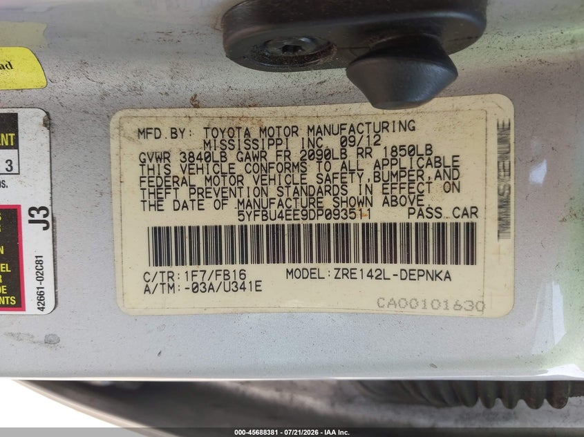 2013 Toyota Corolla VIN 5YFBU4EE9DP093511 IAAI salvage auction — NORMAL WEAR, Clear (Arkansas), sold $1,550 on 2026-07-30 (photo 9)