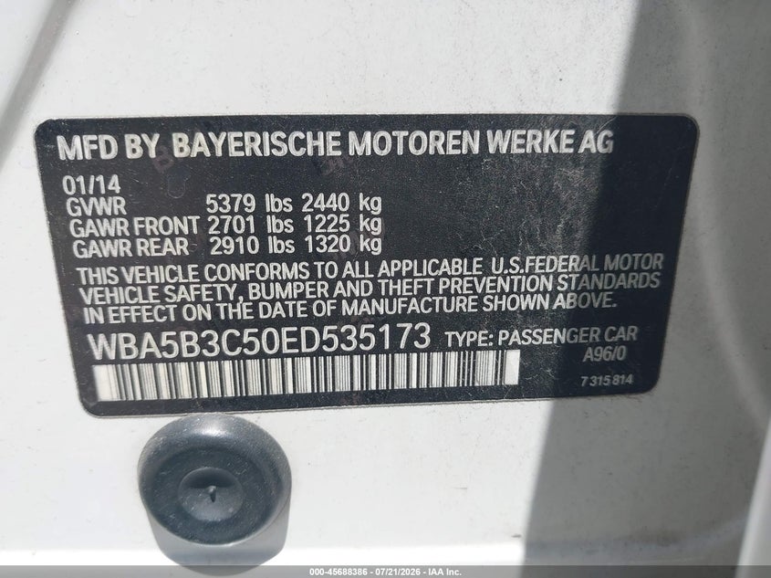 2014 BMW 5 series VIN WBA5B3C50ED535173 IAAI salvage auction — NORMAL WEAR, Original (Texas), sold $1,775 on 2026-08-17 (photo 9)