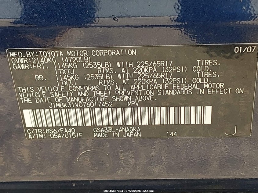 2007 Toyota Rav4 VIN JTMBK31V076017452 IAAI salvage auction — UNKNOWN, Clear (Florida), sold $75 on 2026-07-23 (photo 9)