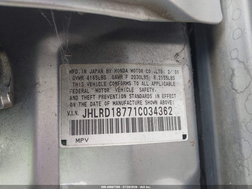 2001 Honda Cr-v VIN JHLRD18771C034362 IAAI salvage auction — NORMAL WEAR, Clear - Dealer Only (California), sold $575 on 2026-07-30 (photo 9)