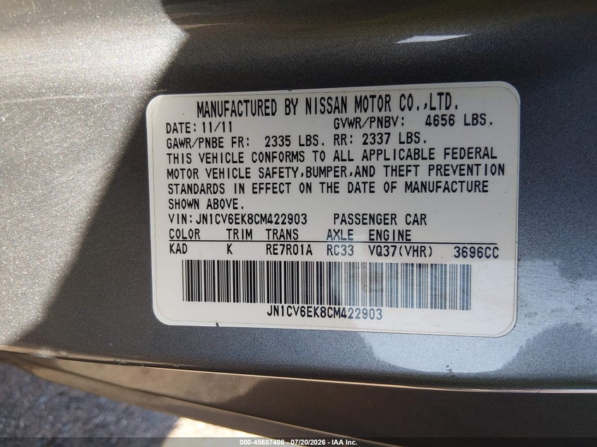 2012 Infiniti G VIN JN1CV6EK8CM422903 IAAI salvage auction — NORMAL WEAR, Clear-Dealer Only (Arizona), sold $3,850 on 2026-07-28 (photo 9)