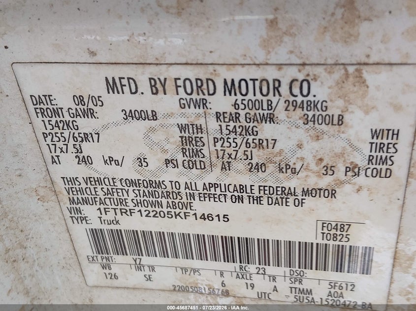 2005 Ford F-150 VIN 1FTRF12205KF14615 IAAI salvage auction — FRONT END, Salvage (Louisiana), sold $850 on 2026-09-08 (photo 9)