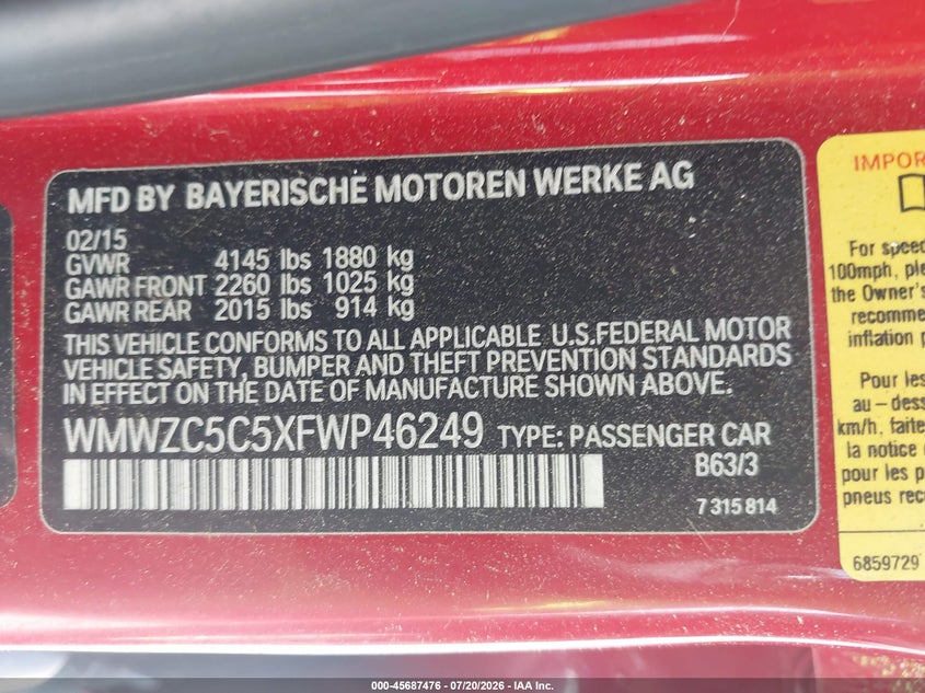 2015 Mini Countryman VIN WMWZC5C5XFWP46249 IAAI salvage auction — NORMAL WEAR, Clear (New Hampshire), sold $25 on 2026-07-28 (photo 9)