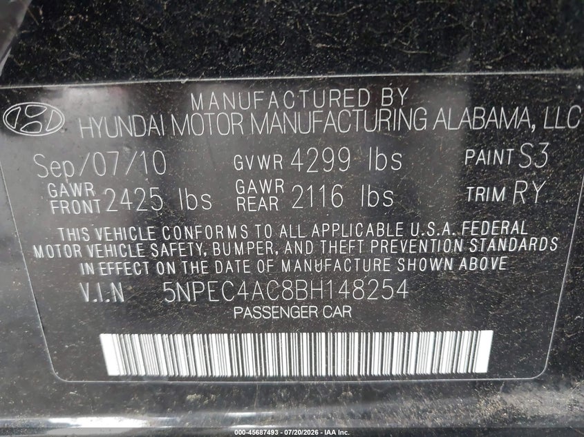 2011 Hyundai Sonata VIN 5NPEC4AC8BH148254 IAAI salvage auction — NORMAL WEAR, Clear - Dealer Only (California), sold $25 on 2026-07-28 (photo 9)