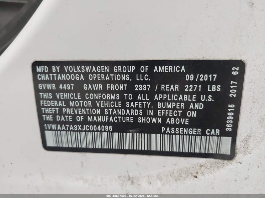 2018 Volkswagen Passat VIN 1VWAA7A3XJC004086 IAAI salvage auction — LEFT FRONT, Salvage Title, sold $750 on 2026-08-26 (photo 9)