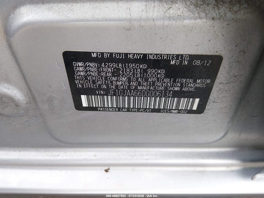 2013 Subaru Impreza VIN JF1GJAA66DG006134 IAAI salvage auction — REAR END, Clear (Tennessee), sold $25 on 2026-07-29 (photo 9)