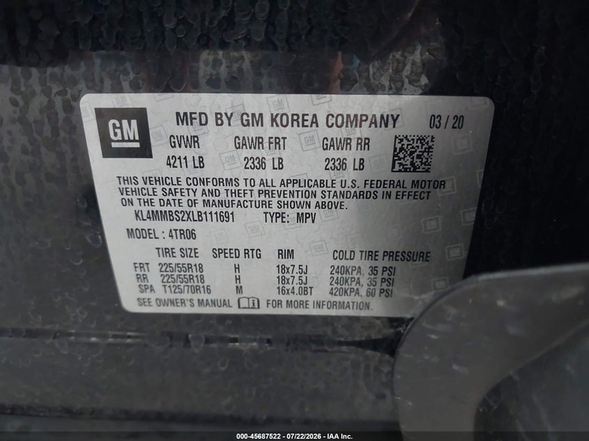 2020 Buick Encore GX VIN KL4MMBS2XLB111691 IAAI salvage auction — Front End, Non-Repairable, sold $2,975 on 2026-09-30 (photo 9)