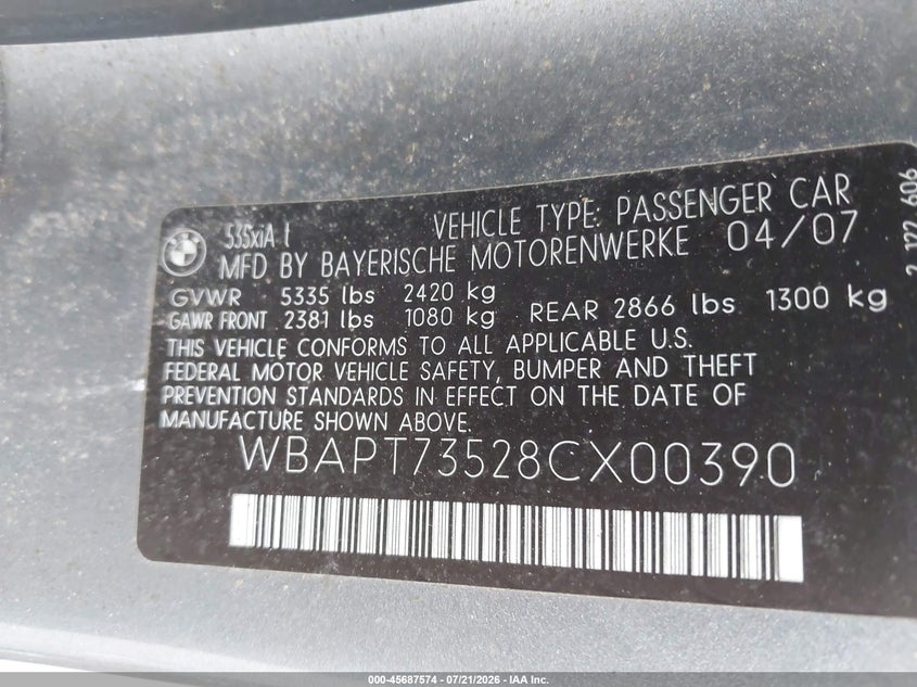 2008 BMW 5 series VIN WBAPT73528CX00390 IAAI salvage auction — NORMAL WEAR, Clear (Massachusetts), sold $500 on 2026-08-01 (photo 9)
