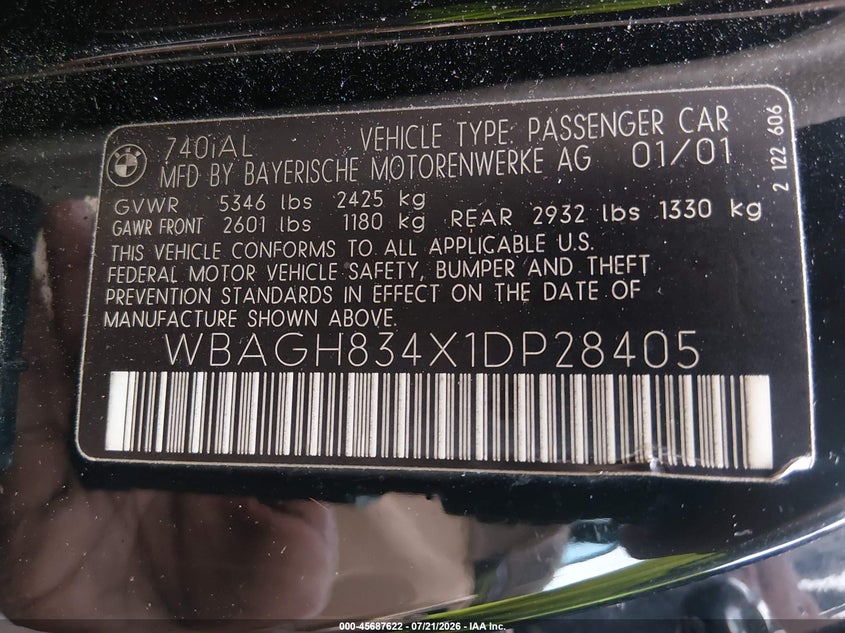 2001 BMW 7 series VIN WBAGH834X1DP28405 IAAI salvage auction — NORMAL WEAR, Clear (Maryland), sold $1,150 on 2026-07-29 (photo 9)