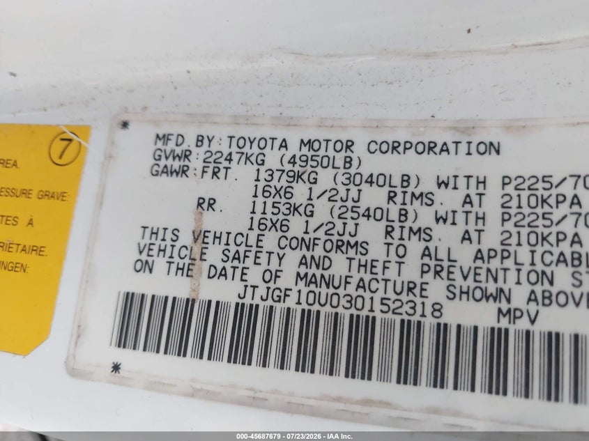 2003 Lexus Rx 300 VIN JTJGF10U030152318 IAAI salvage auction — NORMAL WEAR, Clear (North Carolina), sold $625 on 2026-07-31 (photo 9)