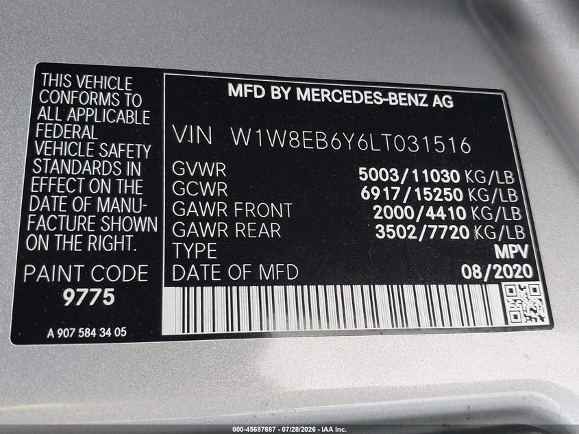 2020 Mercedes-benz Sprinter VIN W1W8EB6Y6LT031516 IAAI salvage auction — RIGHT SIDE, Wait Title, sold $21,975 on 2026-08-25 (photo 9)