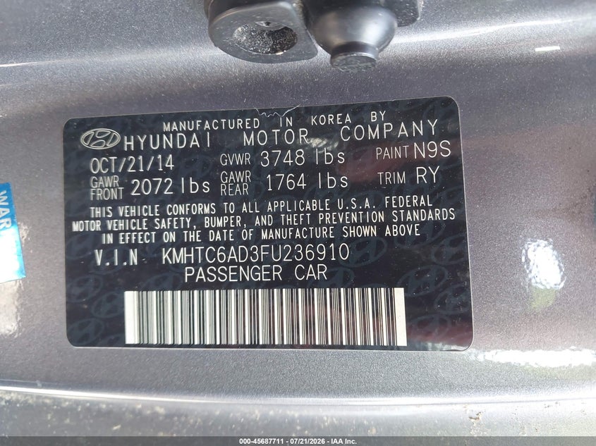 2015 Hyundai Veloster VIN KMHTC6AD3FU236910 IAAI salvage auction — NORMAL WEAR, Clear (Georgia), sold $125 on 2026-07-31 (photo 9)