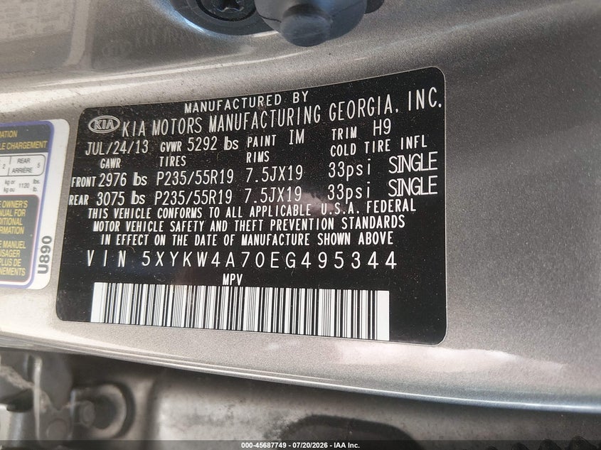 2014 Kia Sorento VIN 5XYKW4A70EG495344 IAAI salvage auction — NORMAL WEAR, Clear - Dealer Only (California), sold $25 on 2026-07-29 (photo 9)