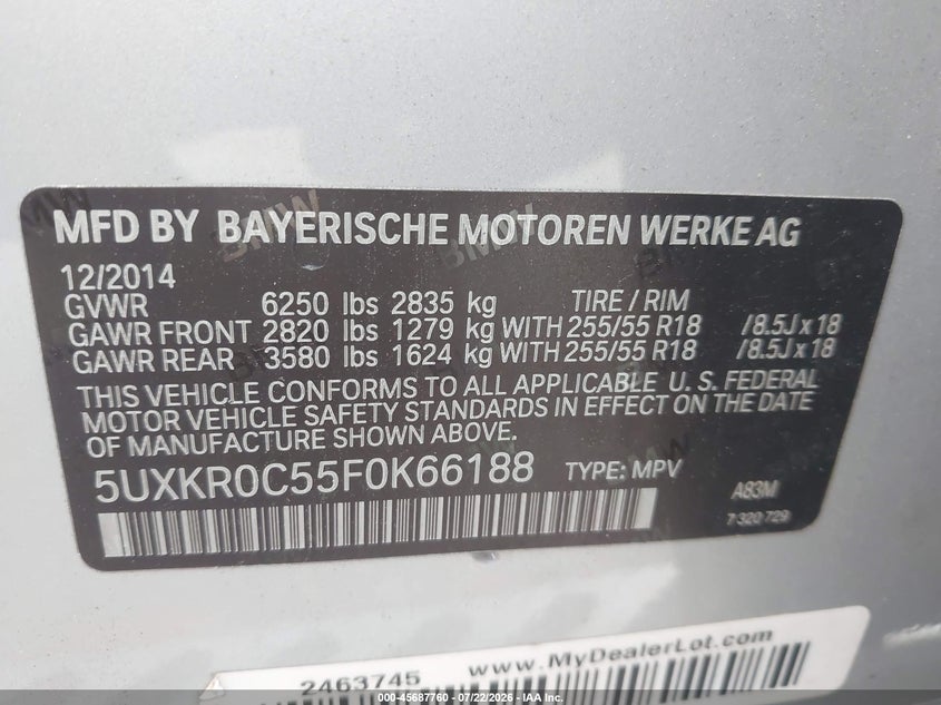 2015 BMW X5 VIN 5UXKR0C55F0K66188 IAAI salvage auction — FRONT END, Wait Title, sold $2,400 on 2026-08-21 (photo 9)