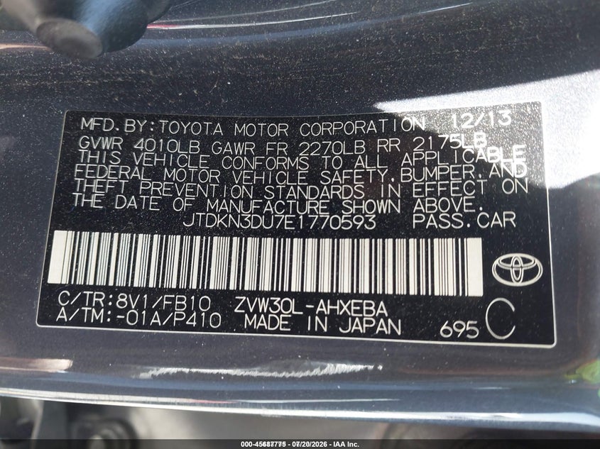 2014 Toyota Prius VIN JTDKN3DU7E1770593 IAAI salvage auction — RIGHT SIDE, Non-Repairable (California), sold $25 on 2026-07-28 (photo 9)