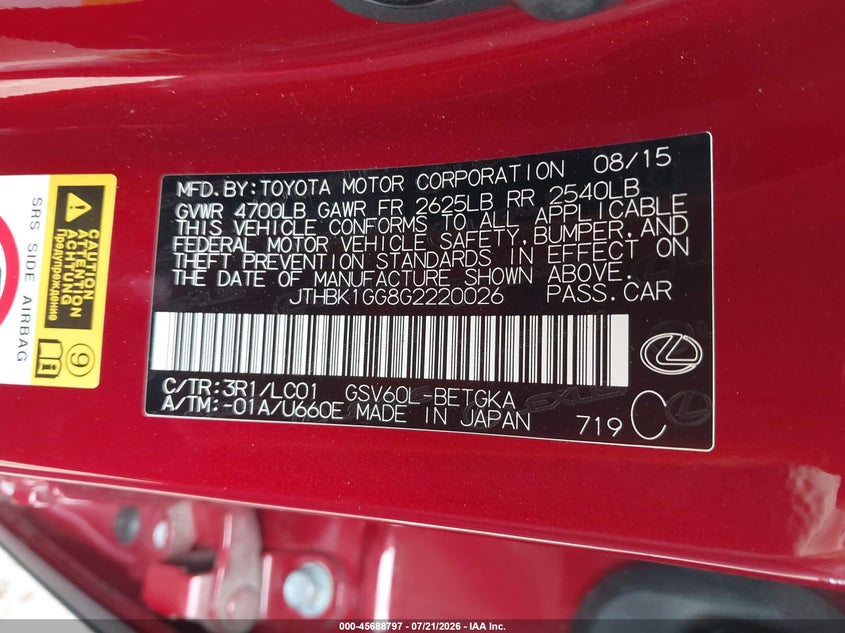 2016 Lexus ES VIN JTHBK1GG8G2220026 IAAI salvage auction — FRONT END, Salvage (Arizona), sold $5,300 on 2026-08-03 (photo 9)