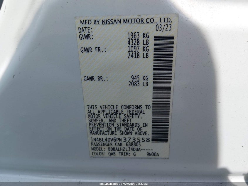 2023 Nissan Altima VIN 1N4BL4DV6PN373558 IAAI salvage auction — FRONT END, Enterprise Vehicles Clear Only (Maryland), sold $5,500 on 2026-07-25 (photo 9)