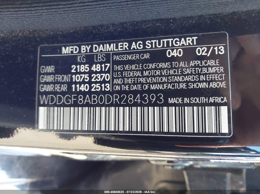 2013 Mercedes-benz C-klasse VIN WDDGF8AB0DR284393 IAAI salvage auction — WATER/FLOOD, Salvage Title, sold $1,200 on 2026-08-13 (photo 9)