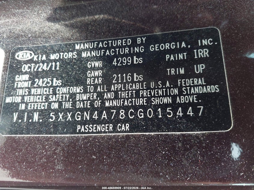 2012 Kia Optima VIN 5XXGN4A78CG015447 IAAI salvage auction — NORMAL WEAR, Original (Ohio), sold $925 on 2026-07-28 (photo 9)