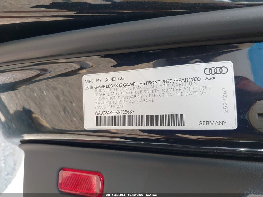 2019 Audi A6 VIN WAUD8AF20KN125687 IAAI salvage auction — RIGHT SIDE, Wait Title, sold $10,200 on 2026-09-18 (photo 9)