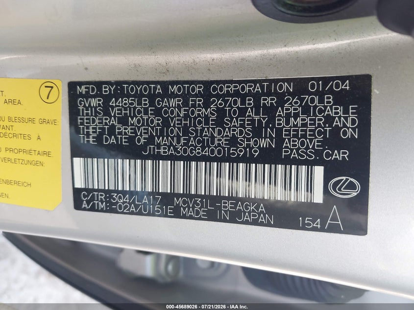 2004 Lexus ES VIN JTHBA30G840015919 IAAI salvage auction — REAR END, Salvage (California), sold $925 on 2026-07-26 (photo 9)