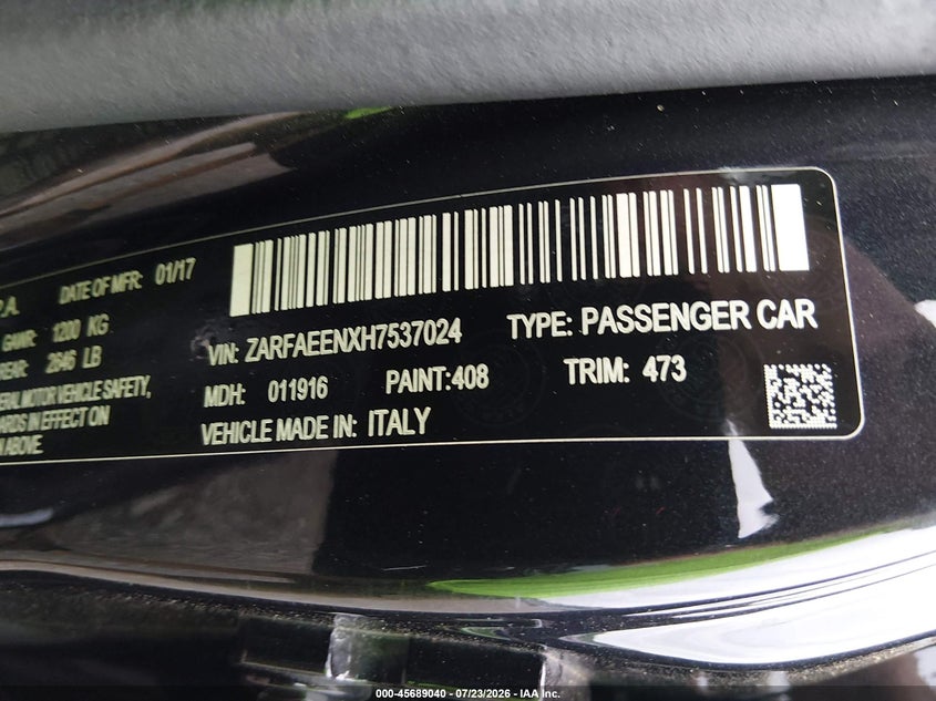 2017 Alfa romeo Giulia VIN ZARFAEENXH7537024 IAAI salvage auction — FRONT END, Salvage Title, sold $1,500 on 2026-08-20 (photo 9)
