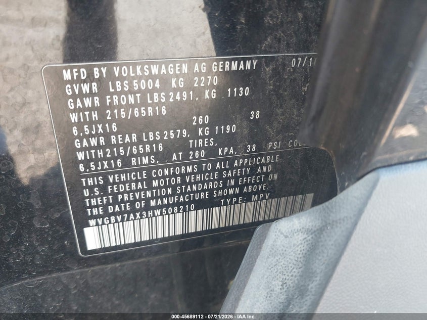2017 Volkswagen Tiguan VIN WVGBV7AX3HW508210 IAAI salvage auction — NORMAL WEAR, Clear (Illinois), sold $1,250 on 2026-07-29 (photo 9)
