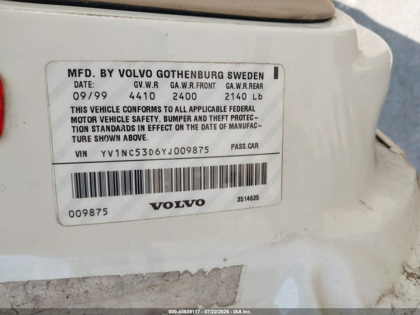 2000 Volvo C70 VIN YV1NC53D6YJ009875 IAAI salvage auction — NORMAL WEAR, Clear (Michigan), sold $525 on 2026-07-27 (photo 9)
