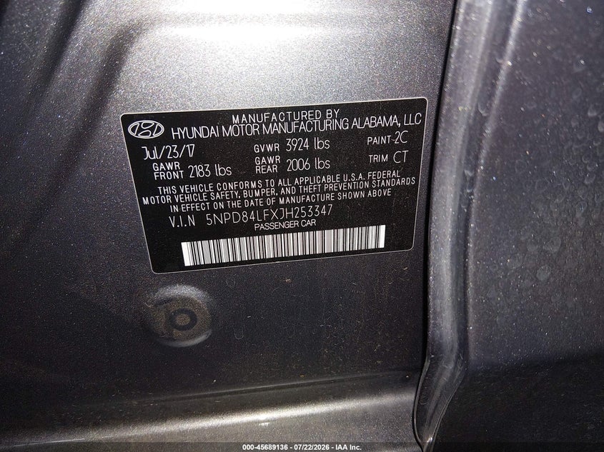 2018 Hyundai Elantra VIN 5NPD84LFXJH253347 IAAI salvage auction — FRONT END, Salvage Title, sold $2,850 on 2026-08-28 (photo 9)