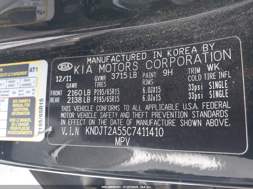 2012 Kia Soul VIN KNDJT2A55C7411410 IAAI salvage auction — REAR END, Salvage Title, sold $975 on 2026-07-31 (photo 9)