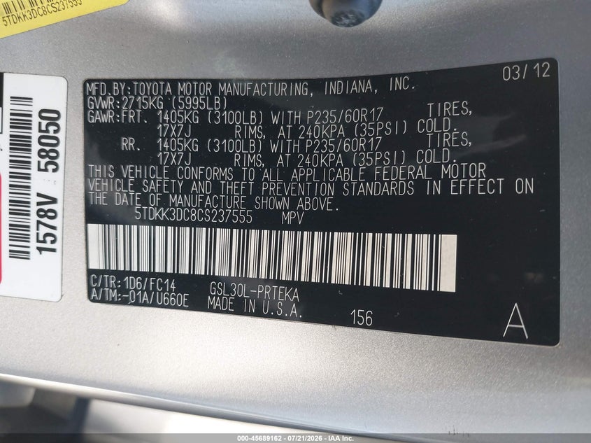 2012 Toyota Sienna VIN 5TDKK3DC8CS237555 IAAI salvage auction — FRONT END, Salvage Title, sold $1,800 on 2026-08-01 (photo 9)