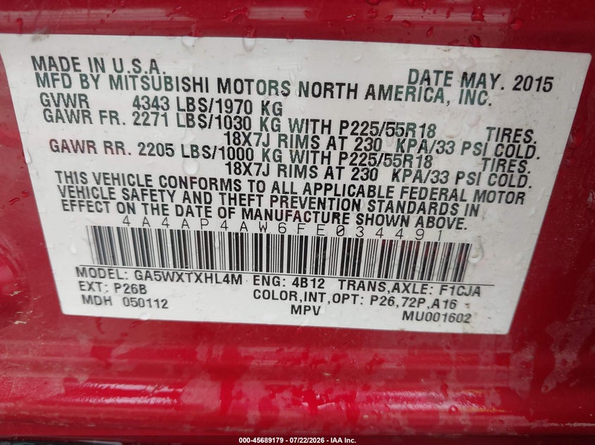2015 Mitsubishi Outlander sport VIN 4A4AP4AW6FE034491 IAAI salvage auction — NORMAL WEAR, Repossession Paperwork (Georgia), sold $850 on 2026-09-02 (photo 9)
