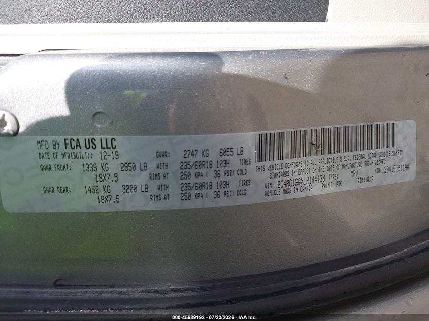 2020 Chrysler Pacifica VIN 2C4RC1GGXLR144138 IAAI salvage auction — WATER/FLOOD, Wait Title, sold $2,450 on 2026-08-27 (photo 9)