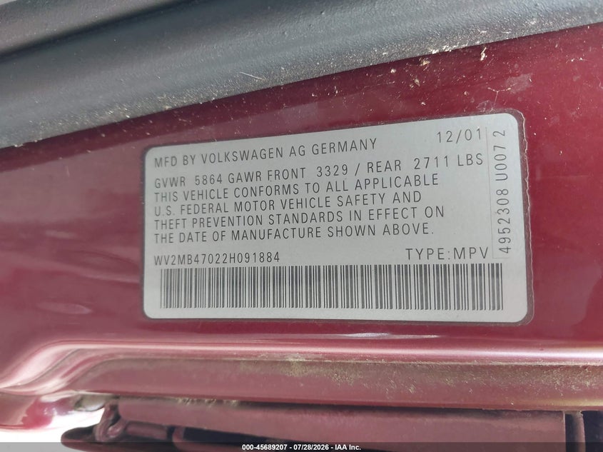 2002 Volkswagen Eurovan VIN WV2MB47022H091884 IAAI salvage auction — NORMAL WEAR, Clear (Virginia), sold $975 on 2026-08-08 (photo 9)