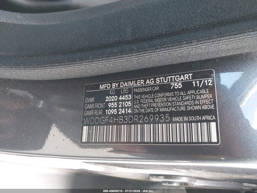 2013 Mercedes-benz C-klasse VIN WDDGF4HB3DR269935 IAAI salvage auction — LEFT FRONT, Salvage Title, sold $1,900 on 2026-08-19 (photo 9)