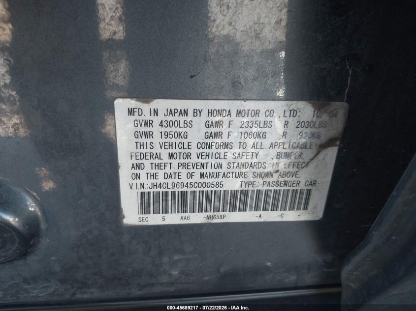 2005 Acura Tsx VIN JH4CL96945C000585 IAAI salvage auction — RIGHT FRONT, Salvage (California), sold $1,900 on 2026-08-03 (photo 9)