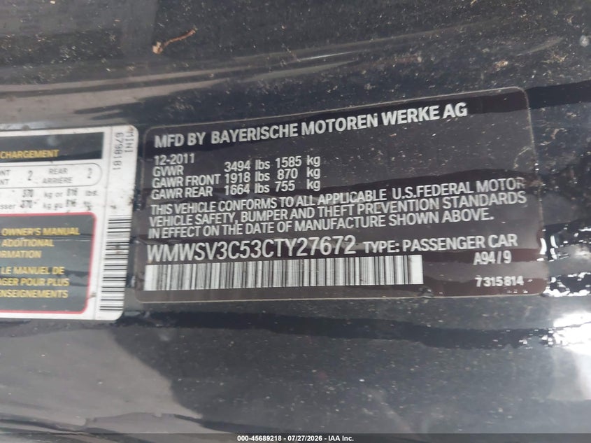 2012 Mini Cooper VIN WMWSV3C53CTY27672 IAAI salvage auction — LEFT FRONT, Salvage (Alabama), sold $1,250 on 2026-08-27 (photo 9)