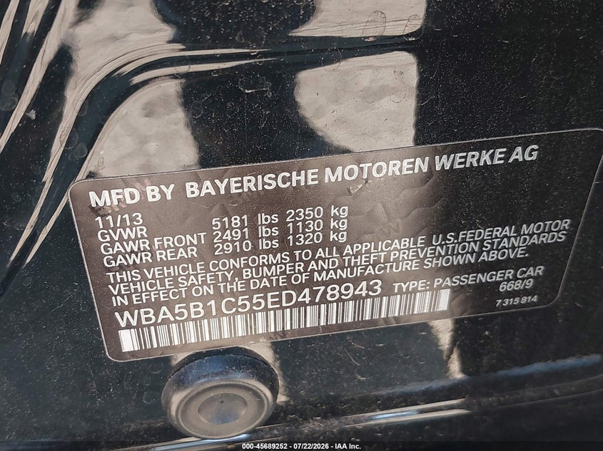 2014 BMW 5er VIN WBA5B1C55ED478943 IAAI salvage auction — LEFT FRONT, Salvage (California), sold $2,950 on 2026-08-03 (photo 9)