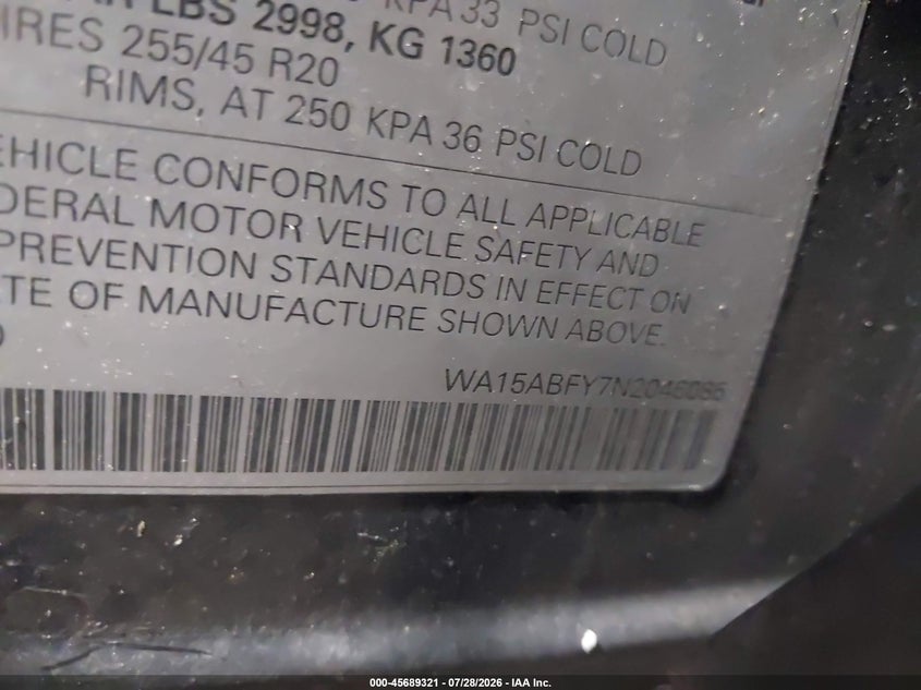 2022 Audi Q5 sportback VIN WA15ABFY7N2046085 IAAI salvage auction — RIGHT SIDE, Salvage (Virginia), sold $17,500 on 2026-08-13 (photo 9)